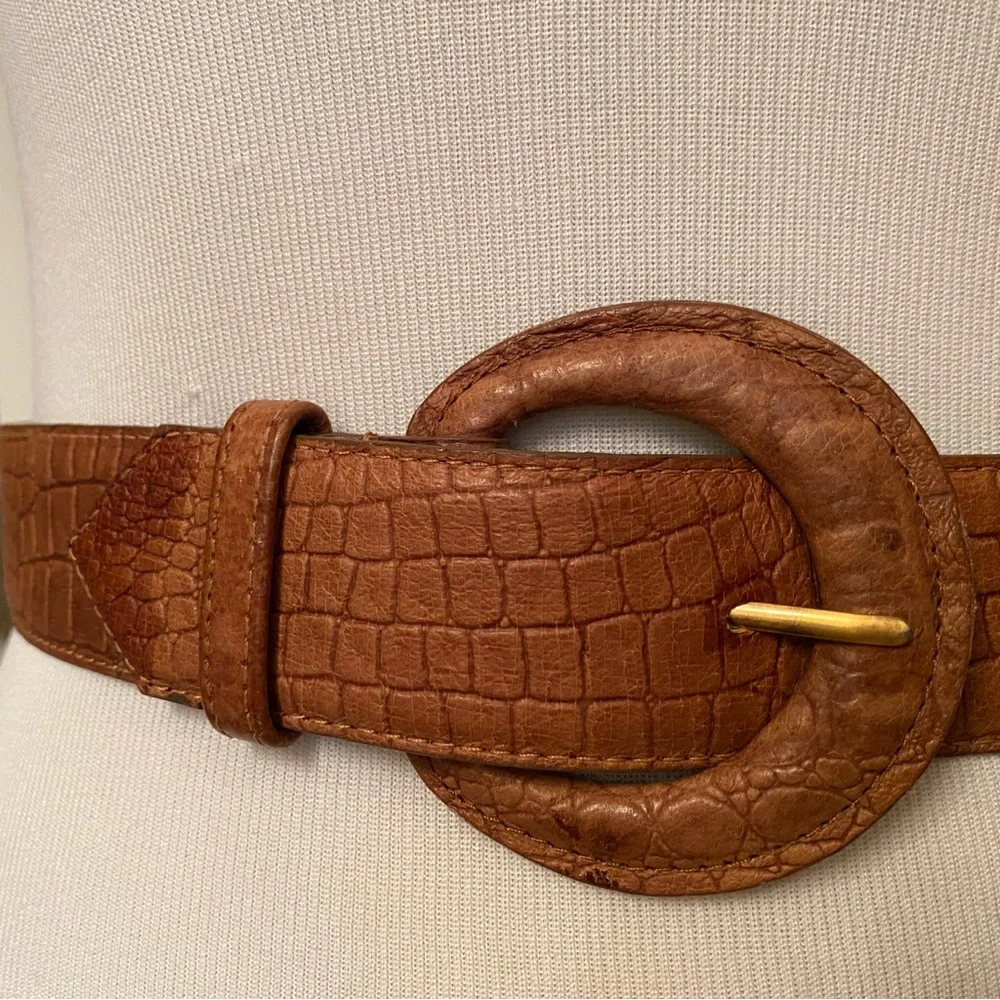TOGETHER CRAFTS BELT BROWN CROC LOOK LEATHER VINTAGE SIZE S M
